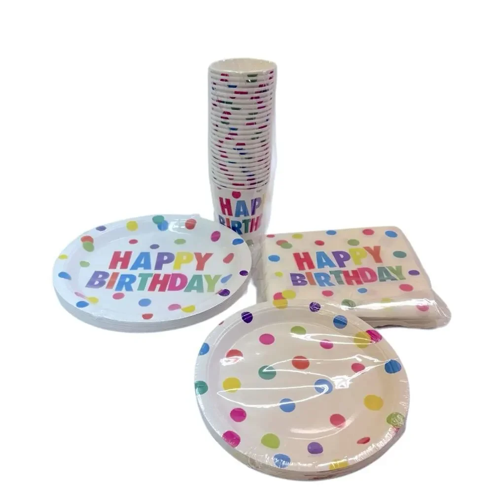 Colorful Polka Dot Happy Birthday Party Set plates cups napkins NEW